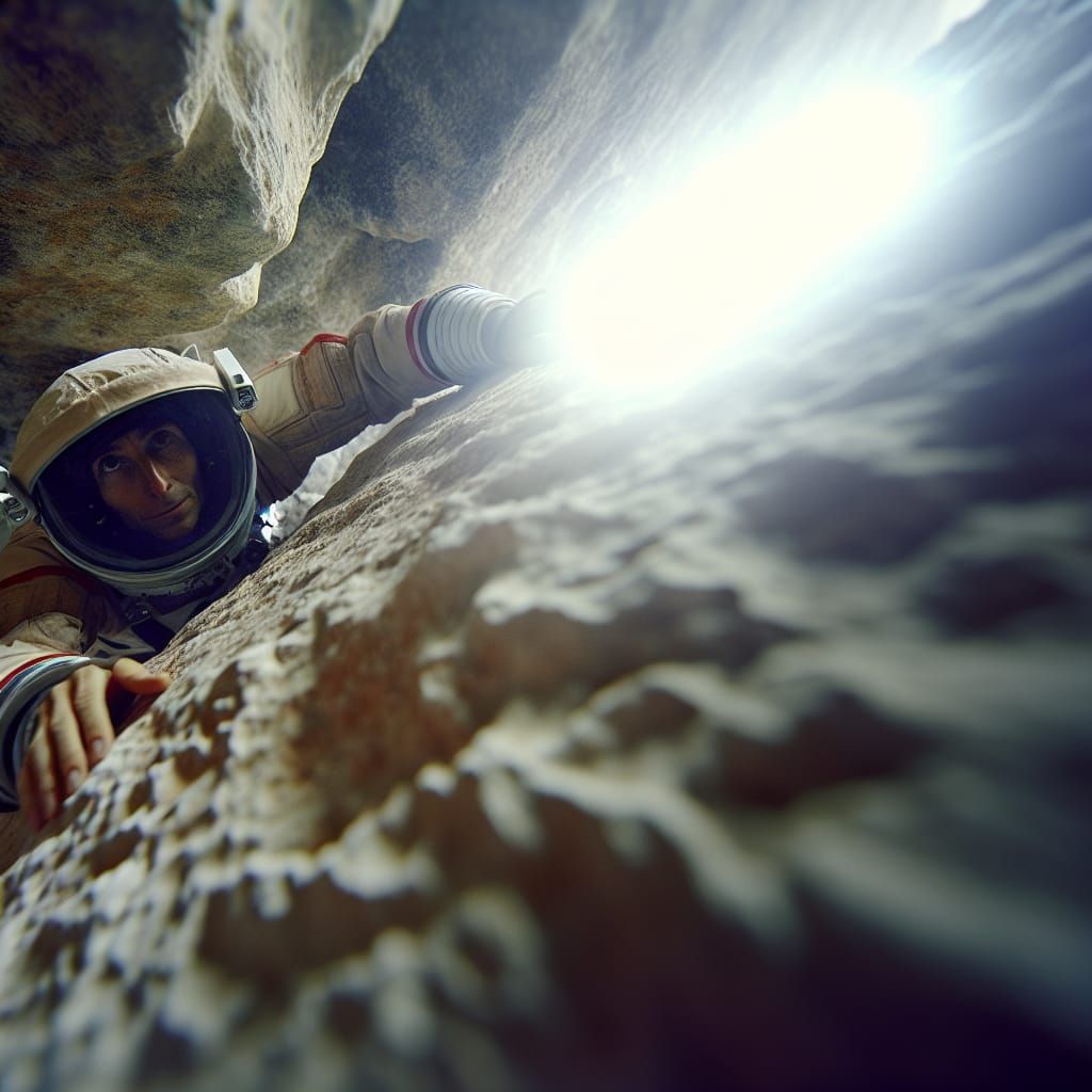 Astronaut Climbing Rock Face, Atmospheric Portrait