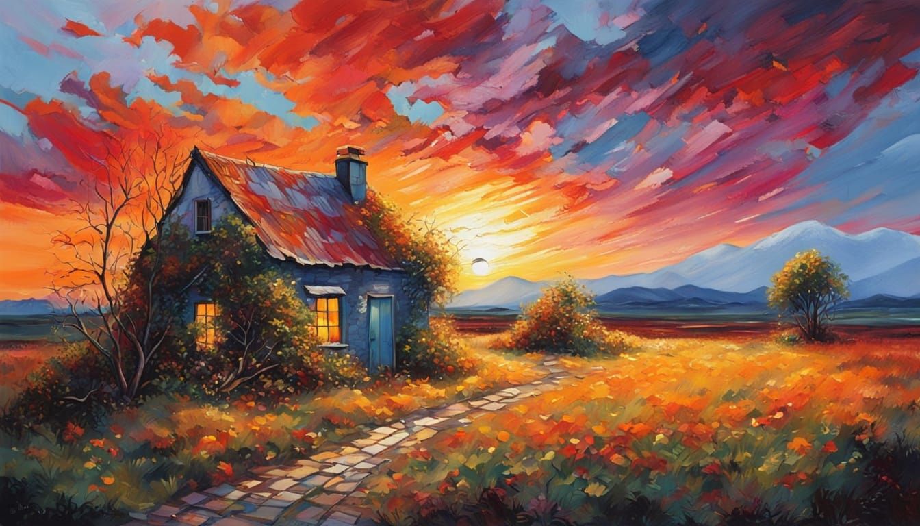 Vibrant Sunset Over Broken Cottage in Magical Realism Painti...