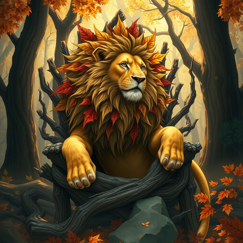 Lion with Autumn Mane in Art Nouveau Style