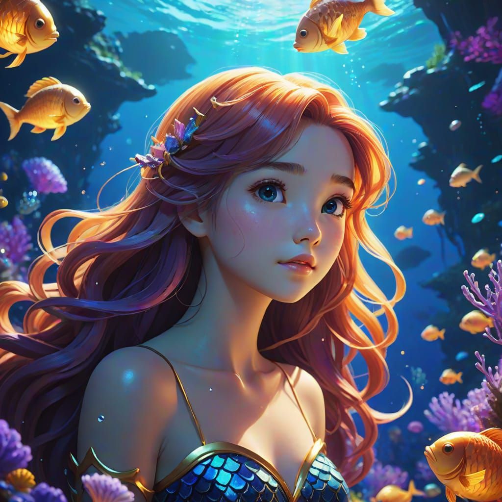 Vibrant Mermaid Portrait in 3D Anime Style