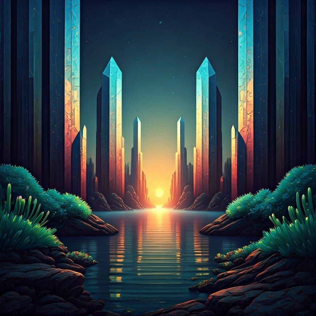 Dreamlike Harbor at Twilight with Bioluminescent Plants and ...