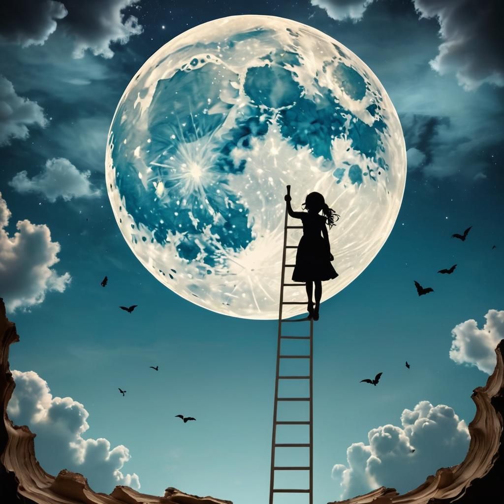 Child Climbs Ladder to Giant Moon: 3D Digital Collage