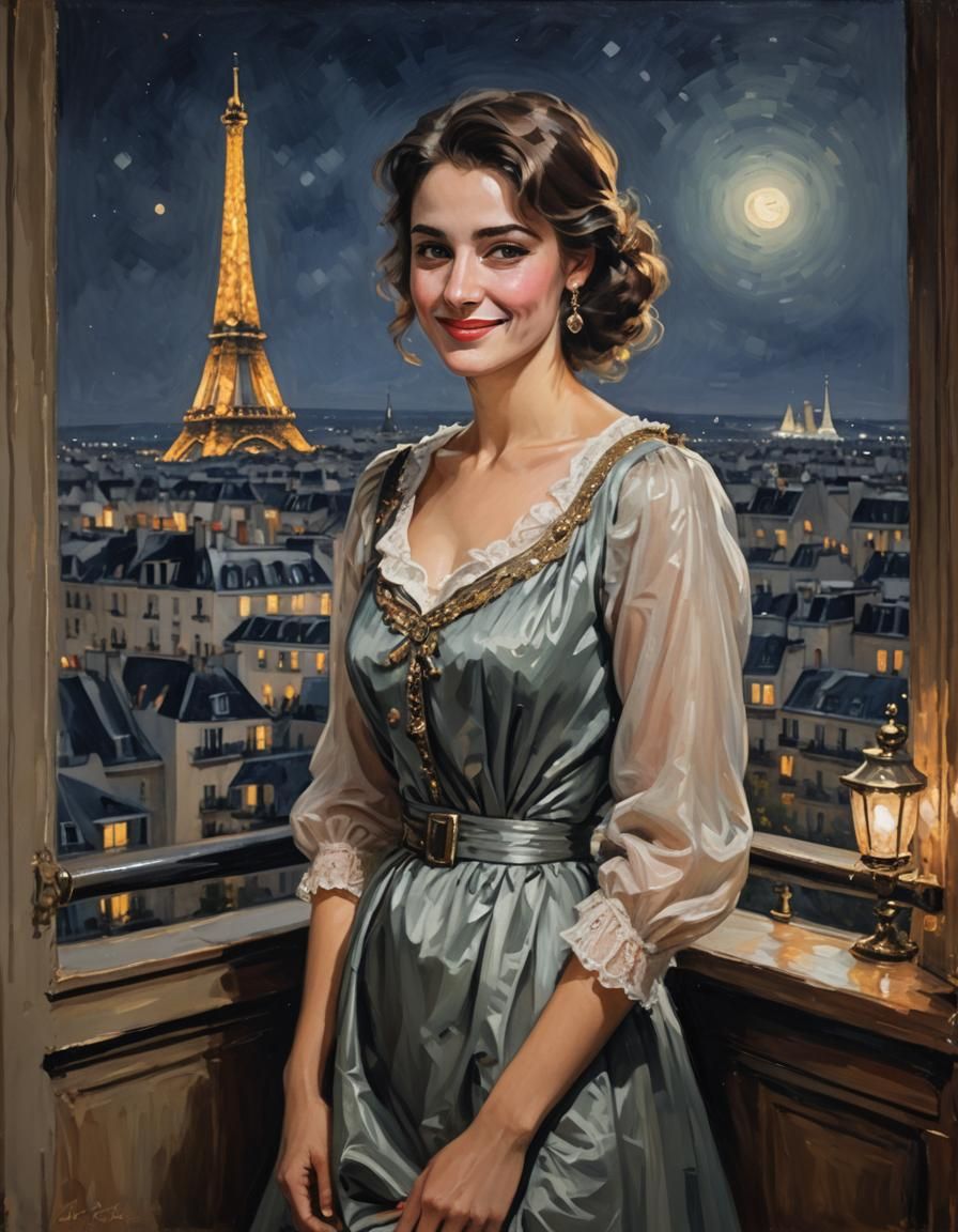 A gorgeous Young French woman in a French dress, shy smile, in her apartment in Paris At night, Eifel Tower in backgroun...