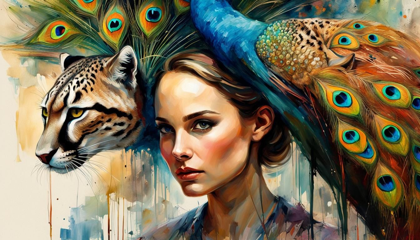 Natalie Portman with her pet cougar and a peacock