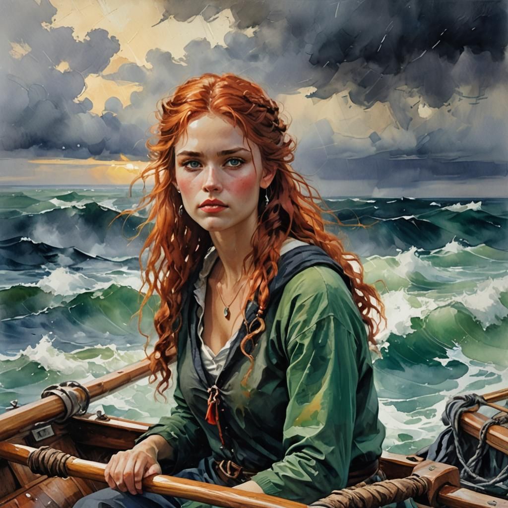 Norse Girl's Stormy Voyage: Watercolor Fauvism