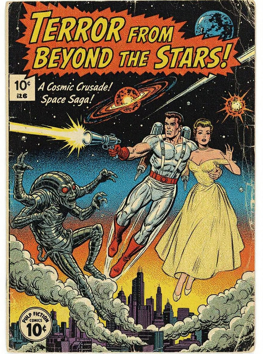 Retro Sci-Fi Comic Cover: Hero Rescues Woman