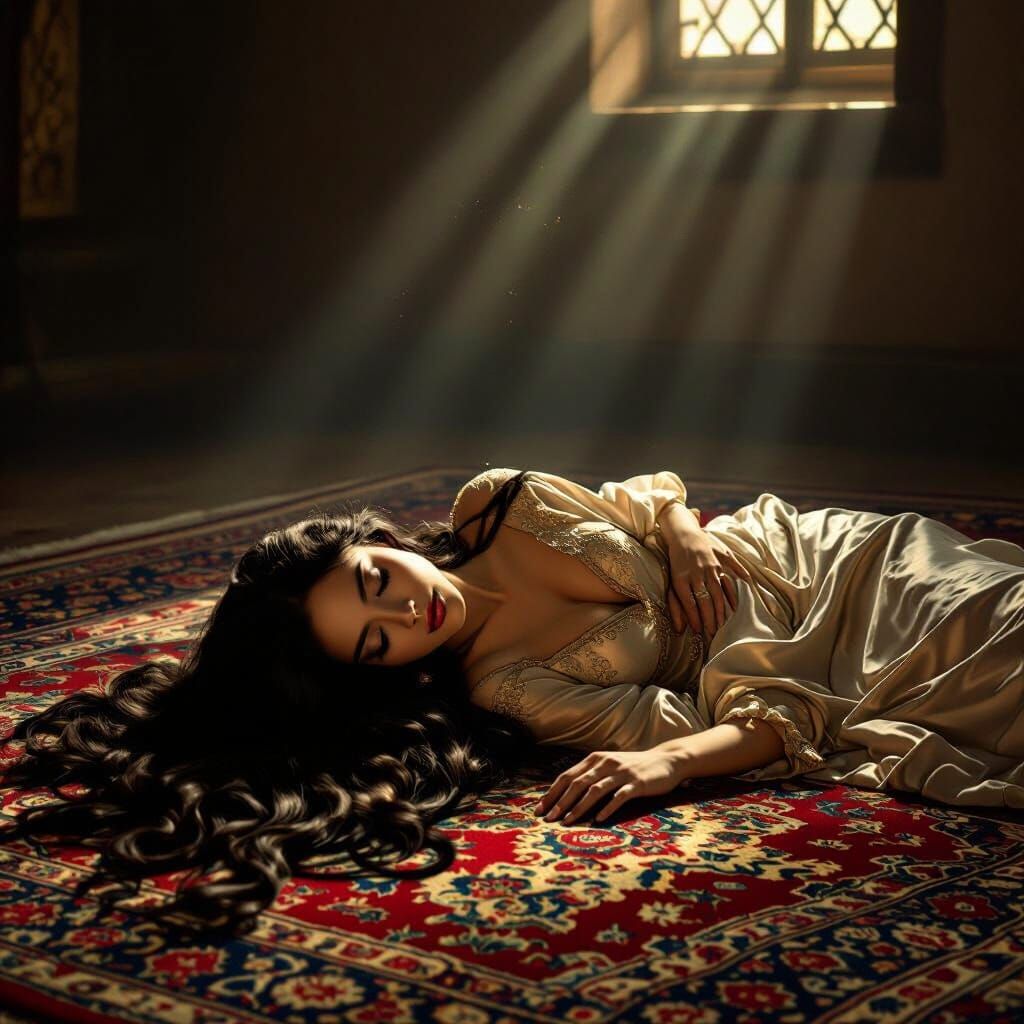 Unconscious Woman on Persian Rug in Chiaroscuro Light