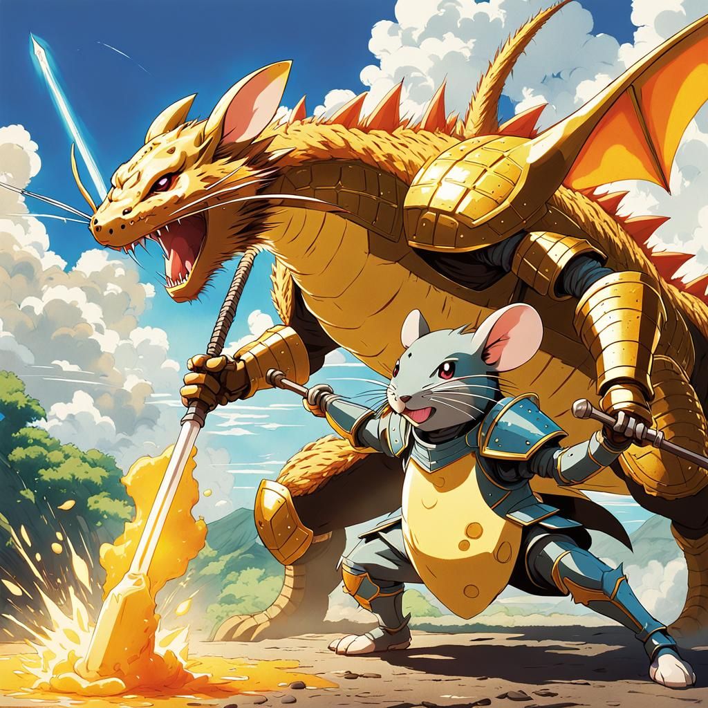 Mouse Warrior vs Cheese Dragon in Anime Style