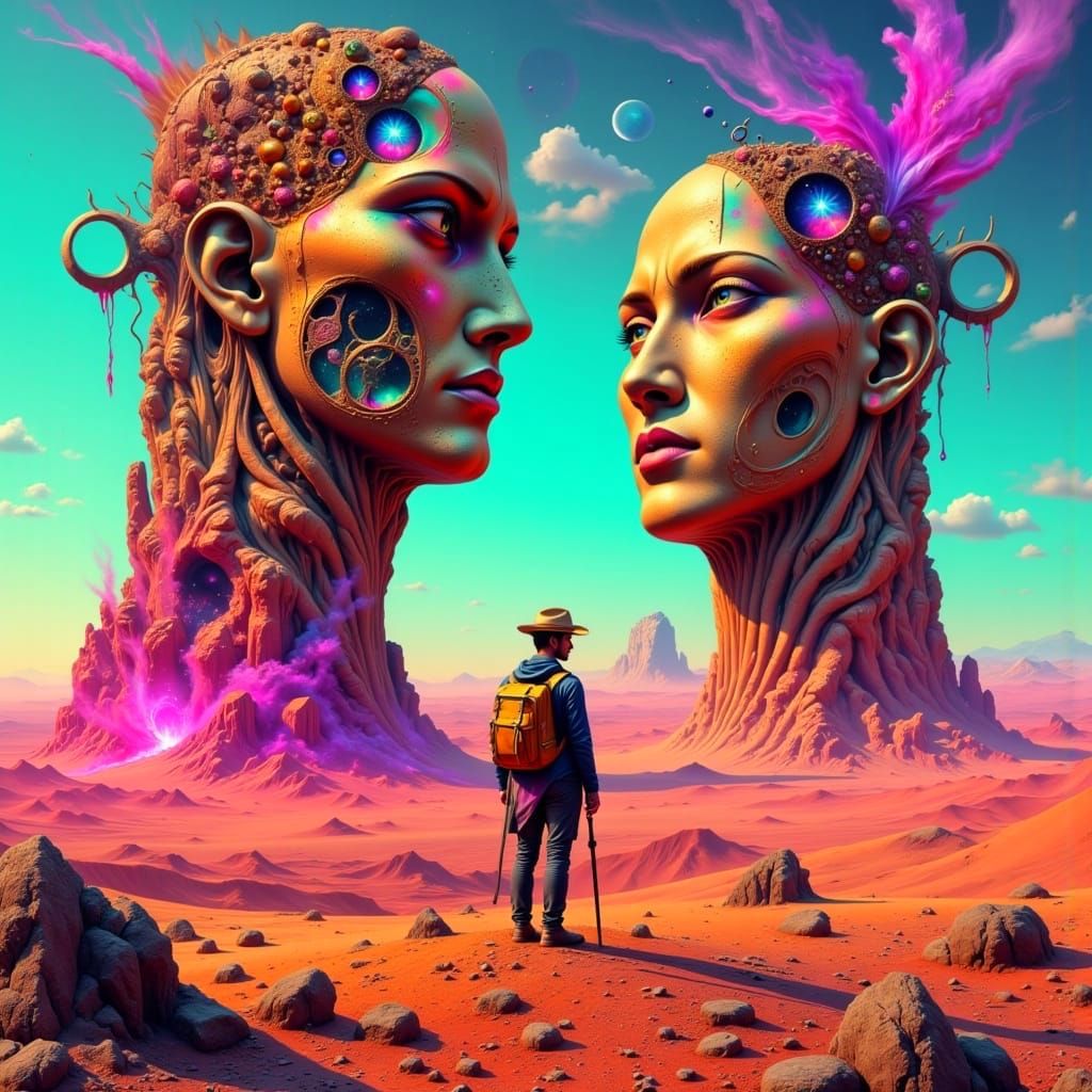 Dreamscape Wanderer in a Vast, Barren Landscape with Colossa...