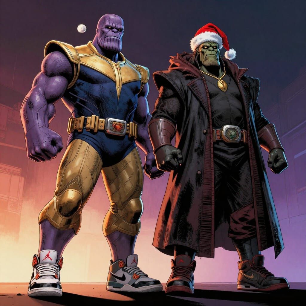 Thanos and Doctor Doom in Jordans with Santa Hats