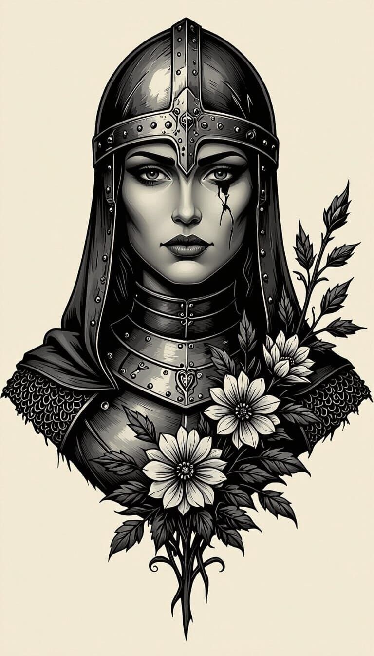 Gothic Blackwork Warrior Woman with Flowers