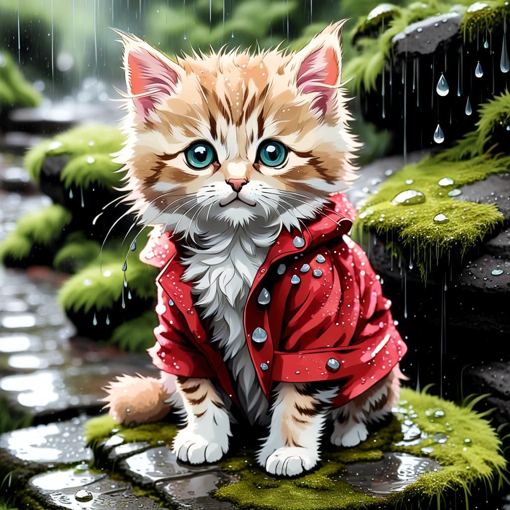 Kitten in Red Coat on Mossy Stone Step