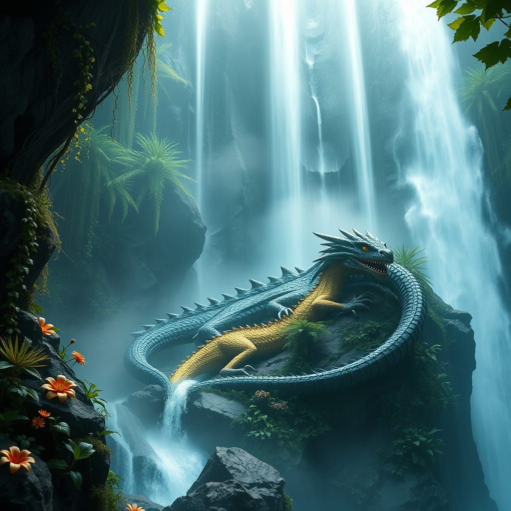 Mystical Waterfall Veiling a Majestic Dragon in Wonder