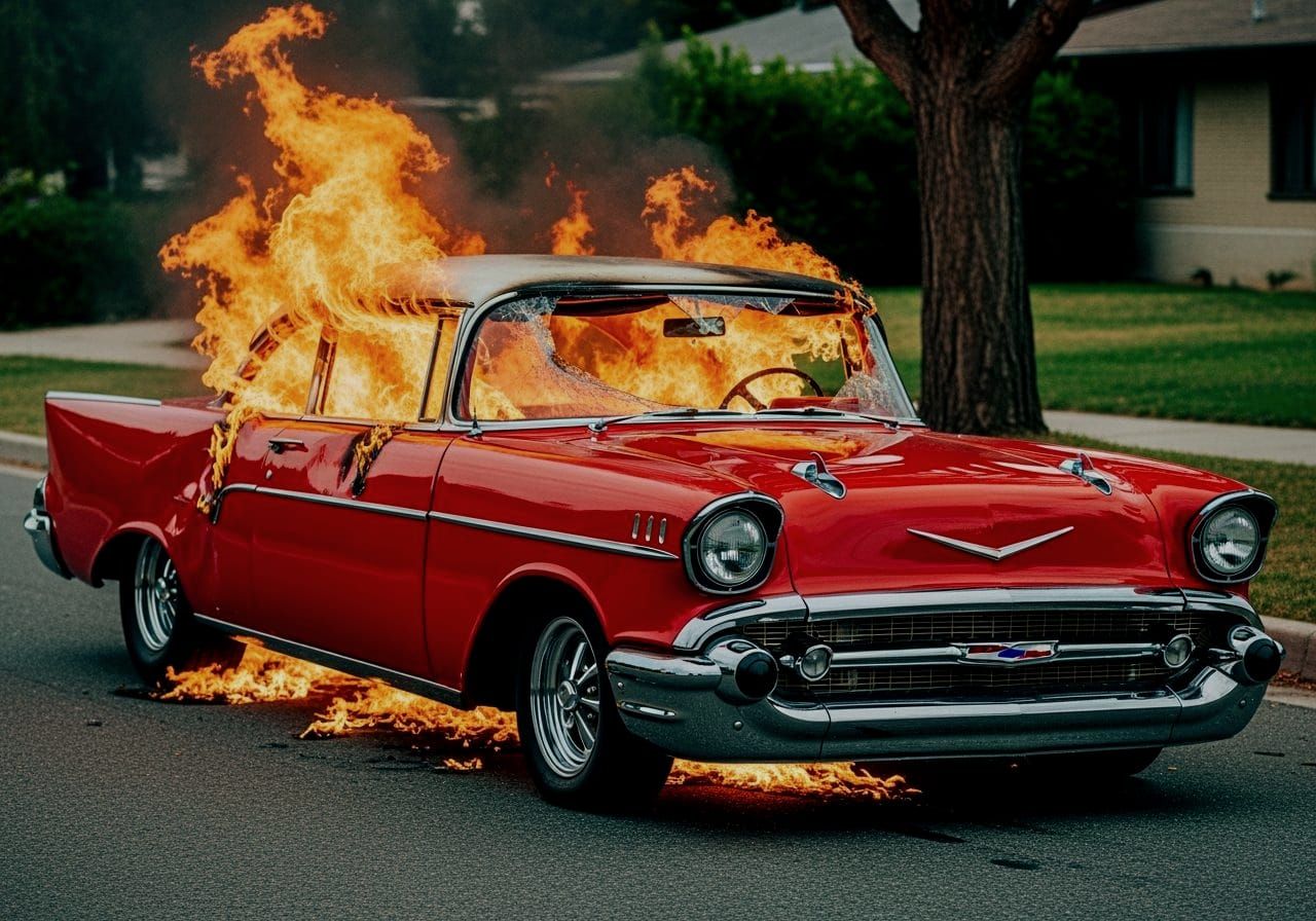 Burning Crashed Car: Hyperrealistic Flames and Detail