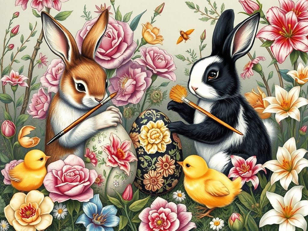 Whimsical Easter Scene: Bunnies Painting Eggs in Charcoal St...