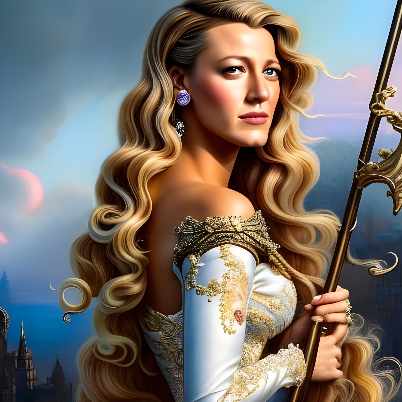 Rococo Woman Holding Rake in Hyperdetailed Rendering