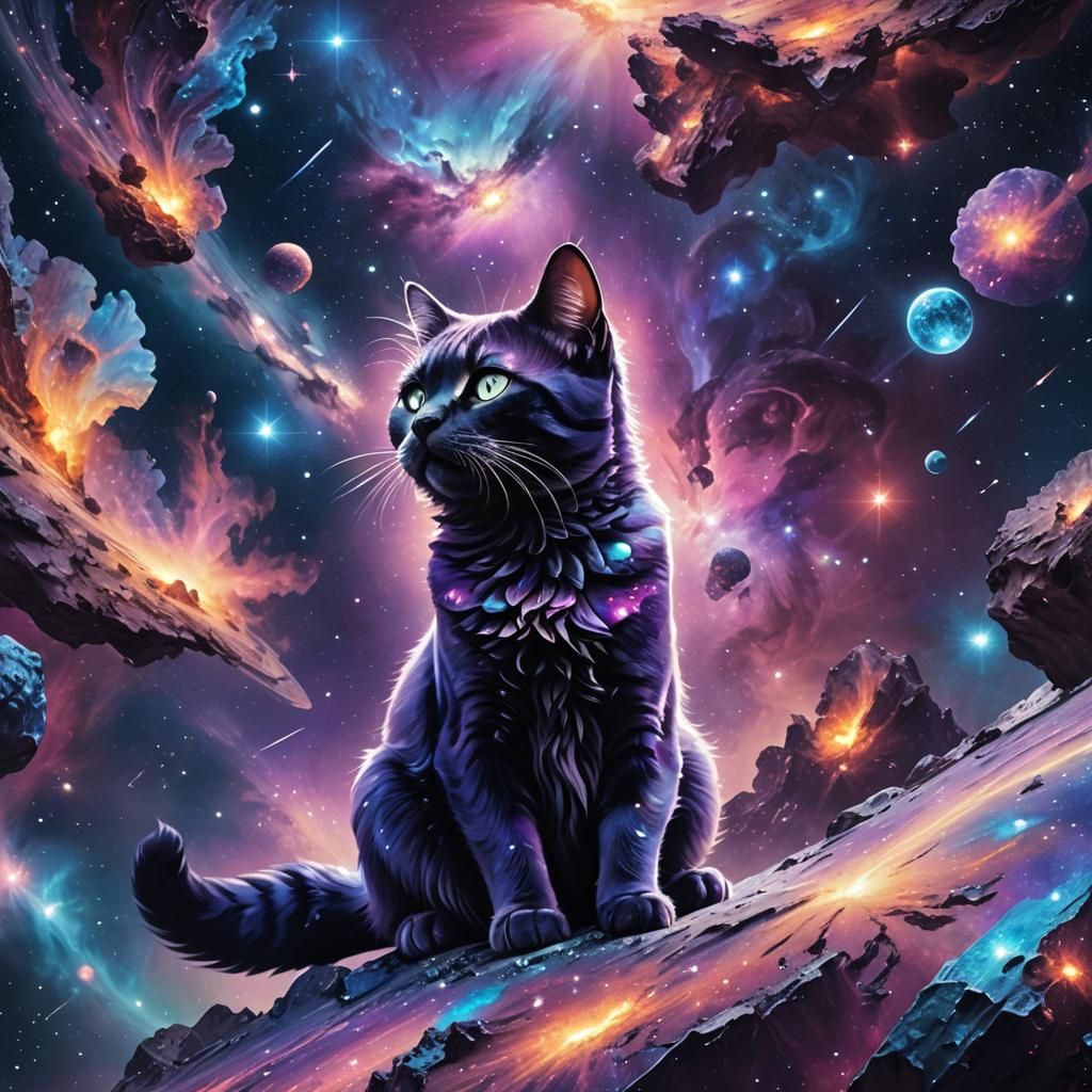 Galaxy Cat on Iridescent Asteroid: Digital Matte Painting