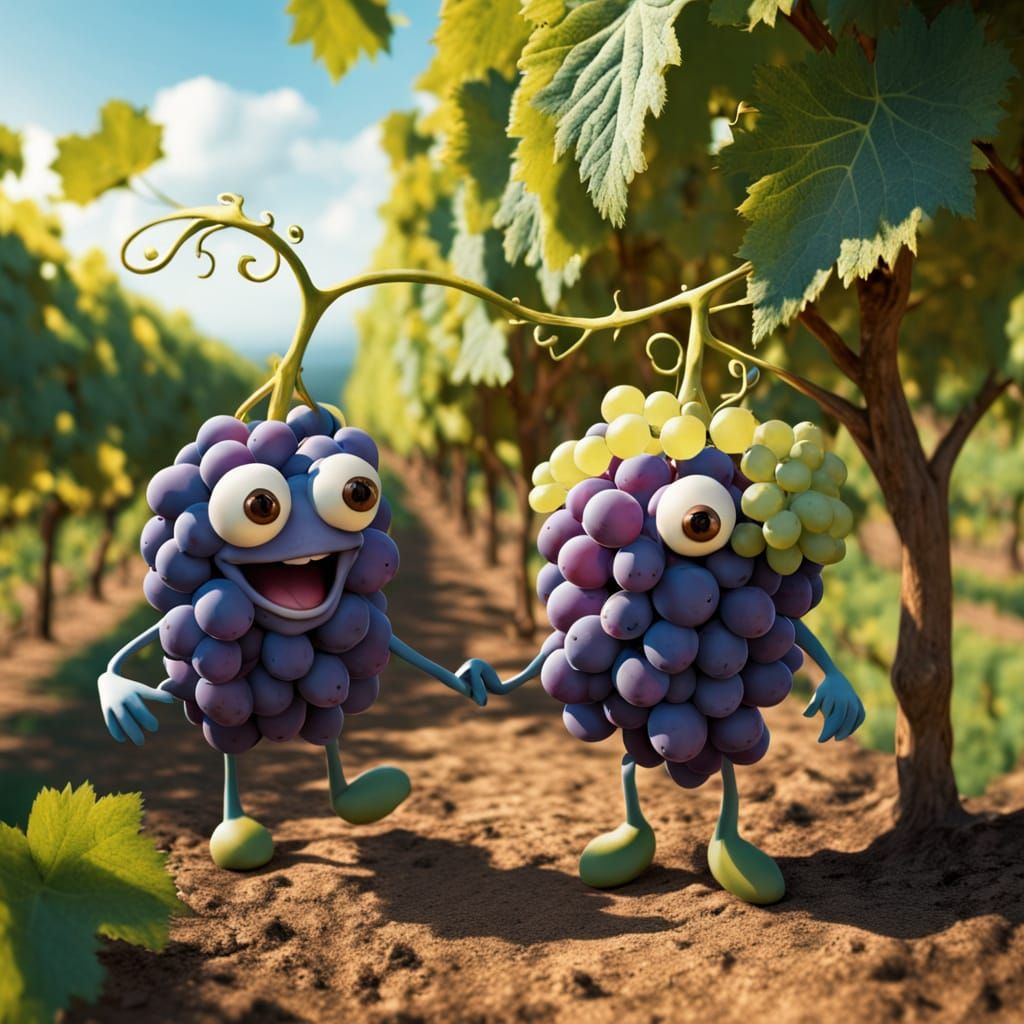 Whimsical Grape Creatures Tend to Vines in Lush Vineyard Sce...