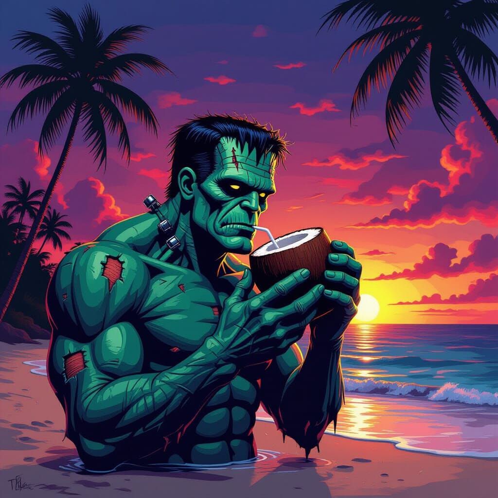 Frankenstein's Monster Enjoys Coconut on Sunset Beach