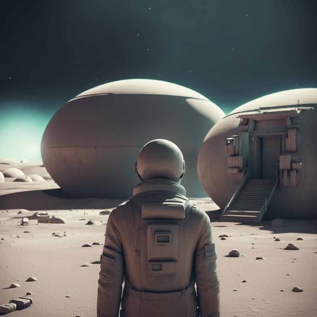 Solitary Figure on Lunar Base in Minimalist CGI Style