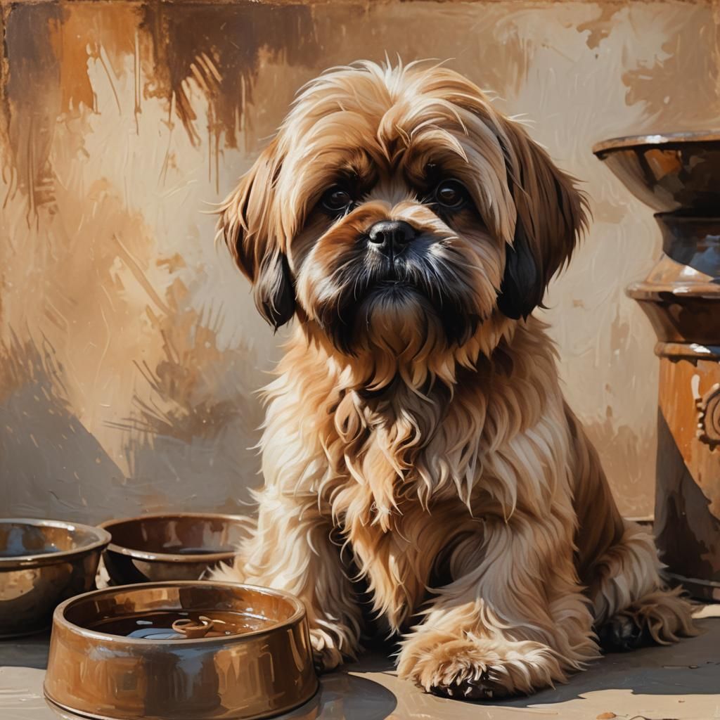 Brown Lhasa Apso Dog in Warm Oil Painting Style
