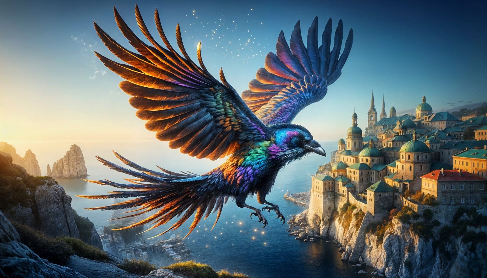 Rainbow Crow Soaring Over Cliffside City