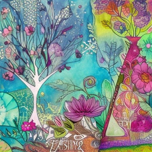 Spring Fantasy Garden Collage in Naive Art Style