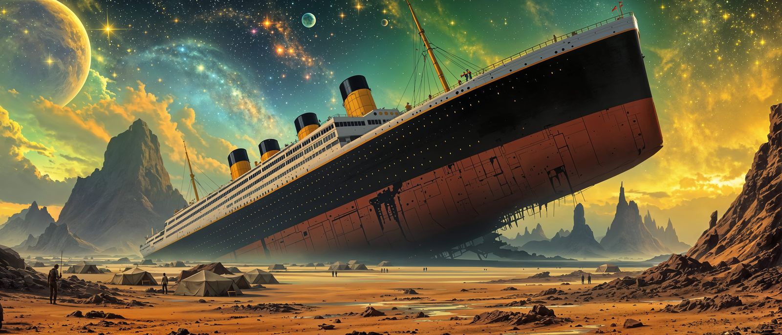 Distant Alien Titanic Wreckage in Vibrant Colors