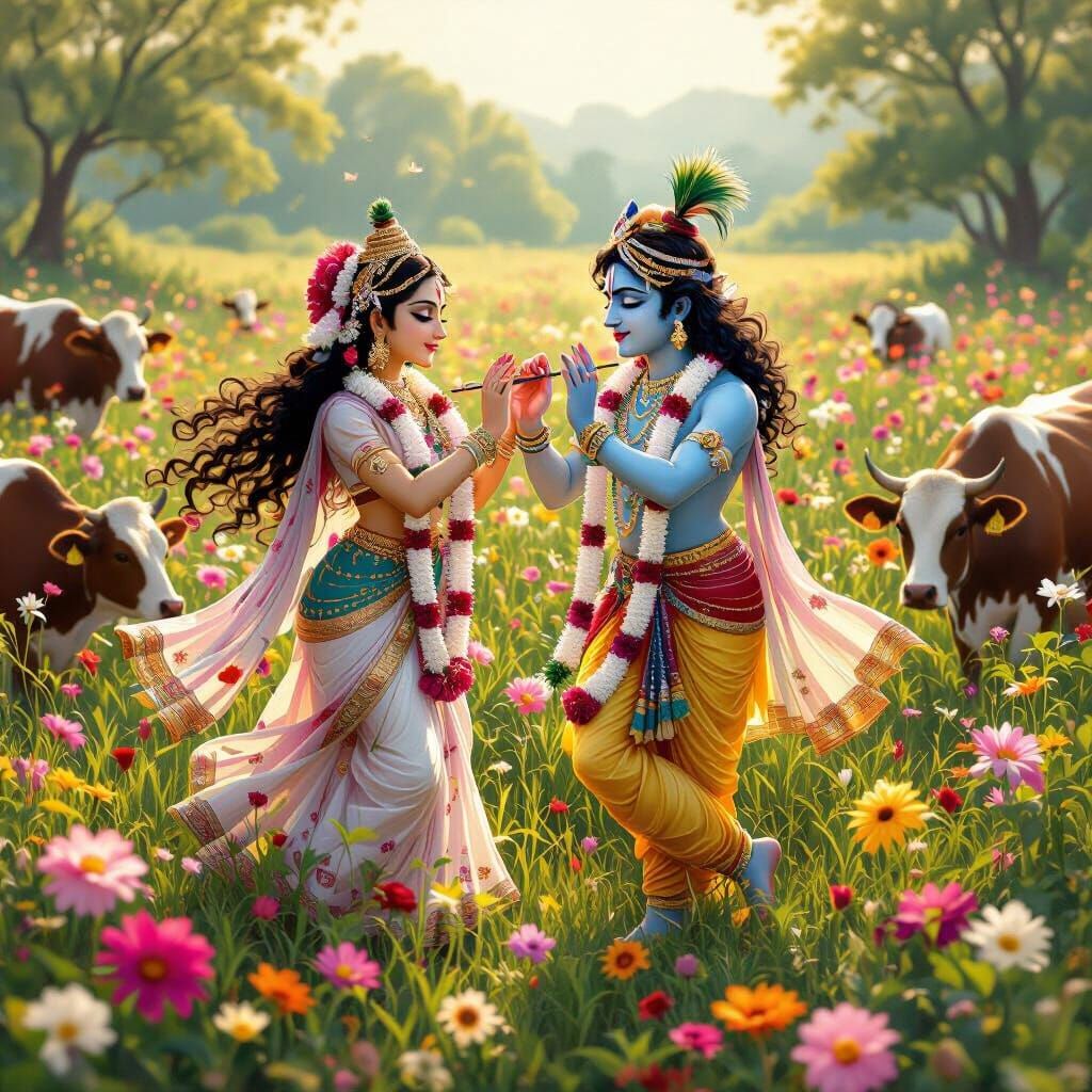Radha Krishna Raas Leela in Lush Flower Field