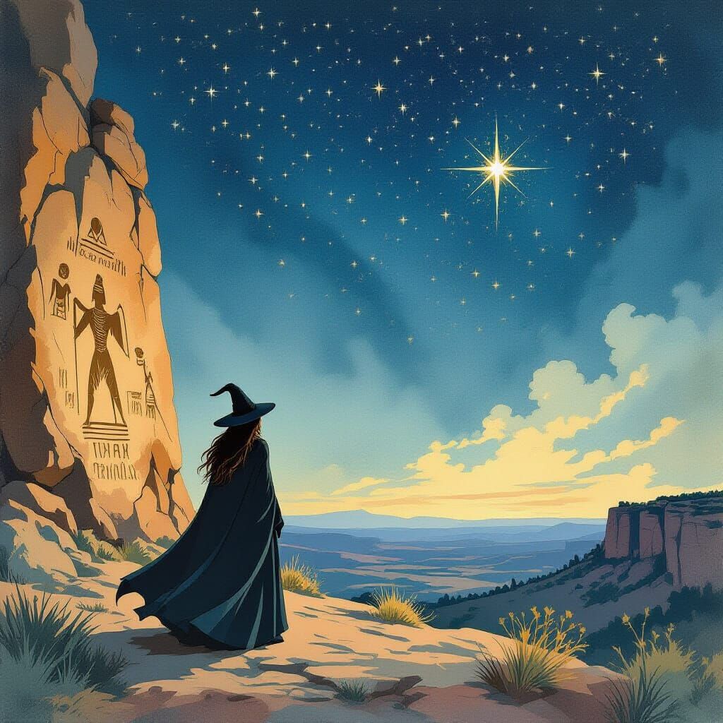 Witch on Mesa Gazing at Starry Night Sky in Vintage Style