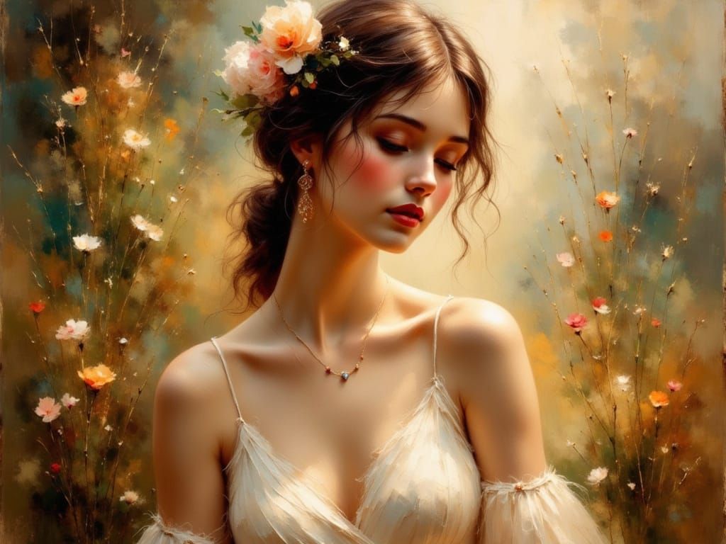 Radiant Woman in Romantic Impressionist Oil Painting