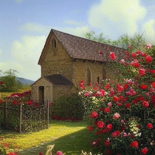 Country Church with Rose Garden, Oil Painting