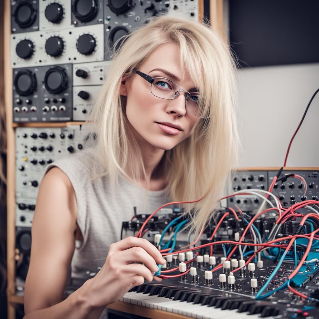 Blonde Woman with Modular Synthesizer