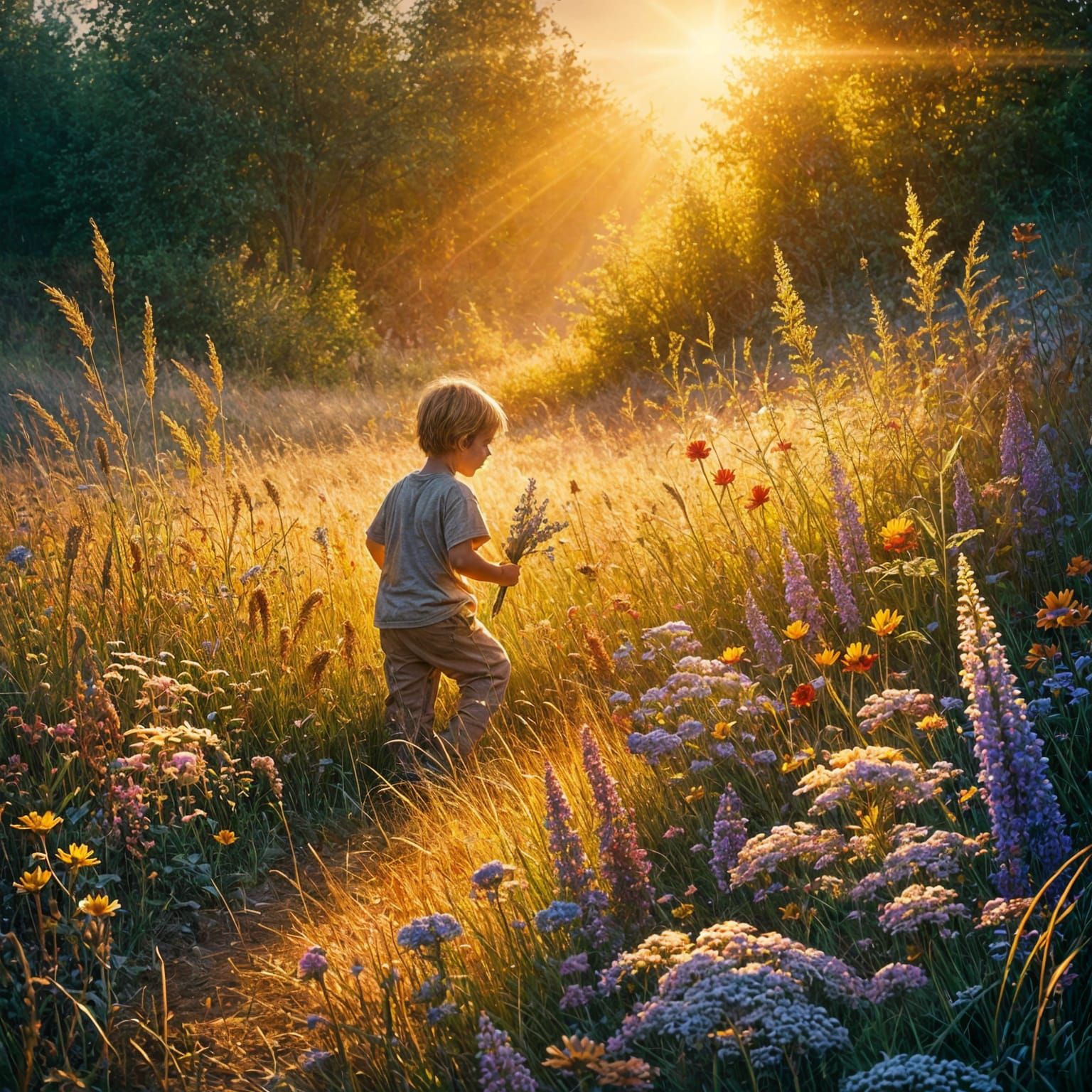 Child Playing in Sunlit Meadow, Impressionistic Style