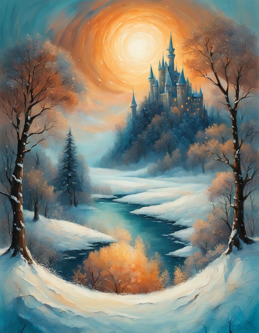 Surreal Winter Wonderland in Dreamlike Oil Painting Style