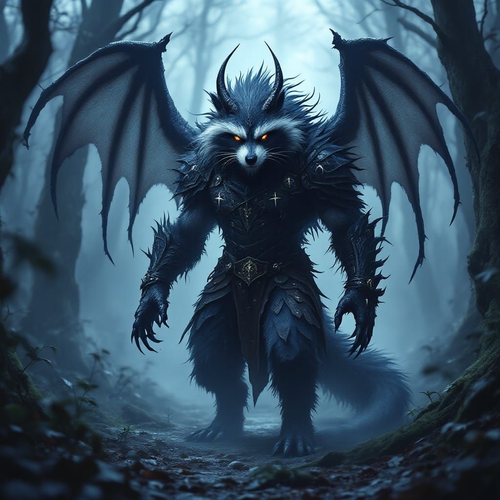 Majestic Raccoon Dragon Beastman in Dark, Mysterious Woods