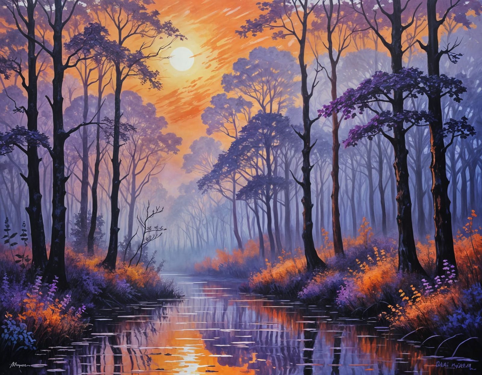 Misty Forest Dusk in Monet-Inspired Neo-Impressionist Style