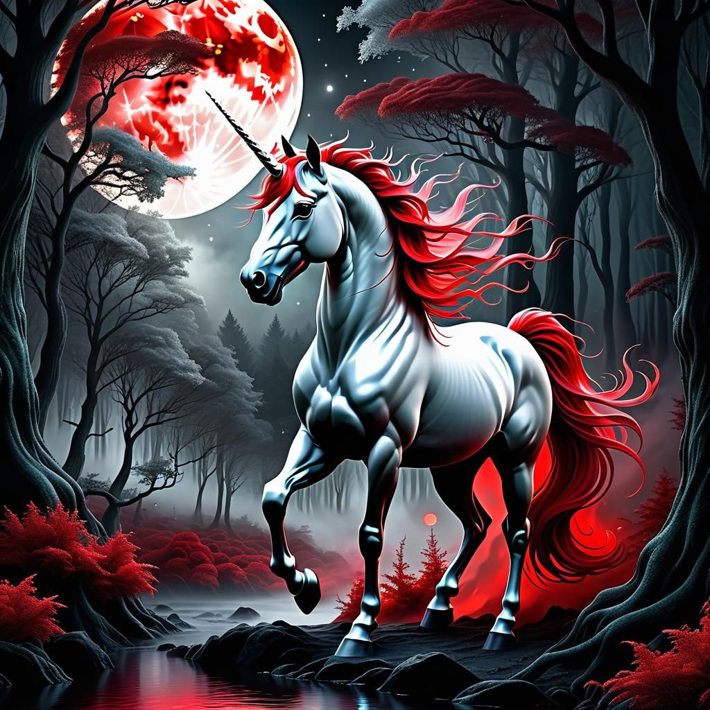 Mystical Silver Unicorn in Red Moonlit Forest