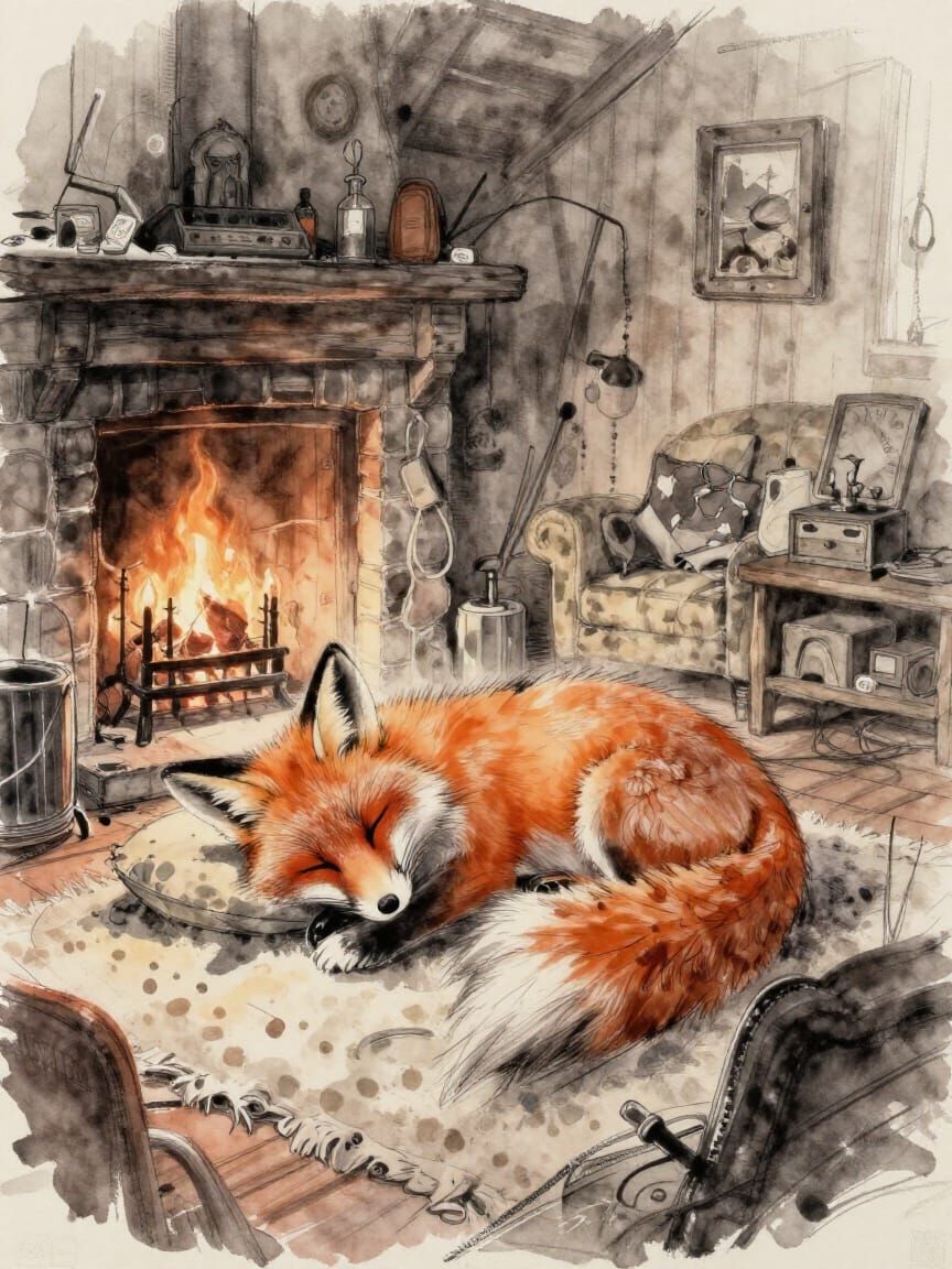 Fluffy Fox Sleeps by Fireplace in Whimsical Cottage