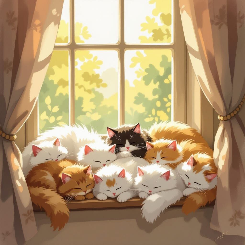 Cozy Cats Sleeping on Window Sill in Storybook Style