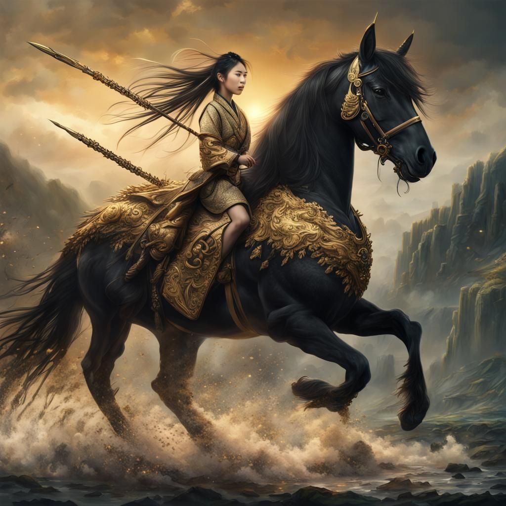 Japanese Woman Rides Black Unicorn: Digital Painting