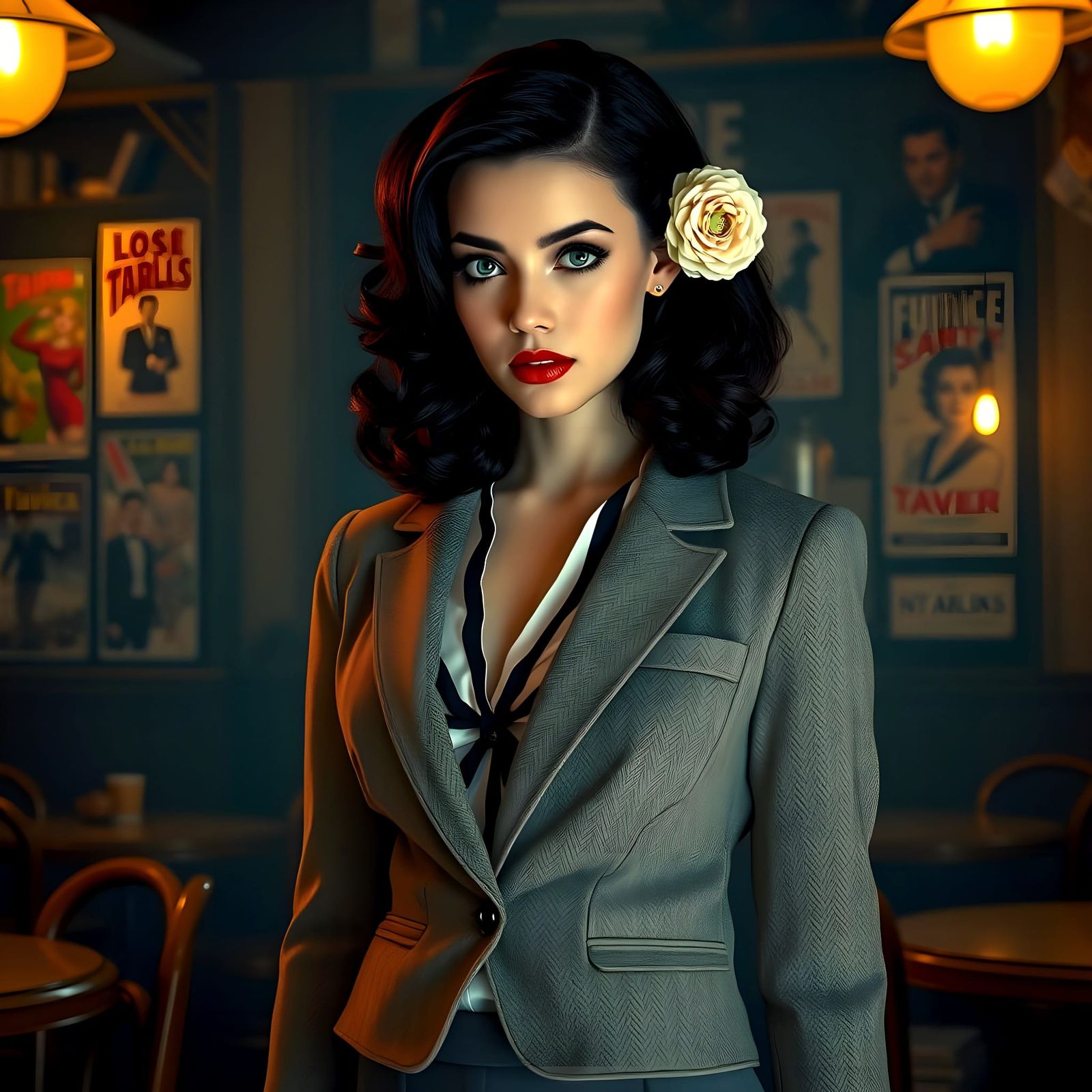 Glamorous Noir Femme Fatale in 1940s Cyberpunk Style