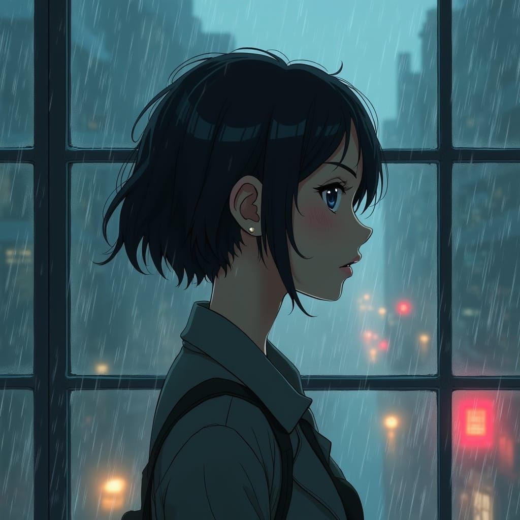 Determined Woman Stands Resolute by Rainy Window in Anime St...