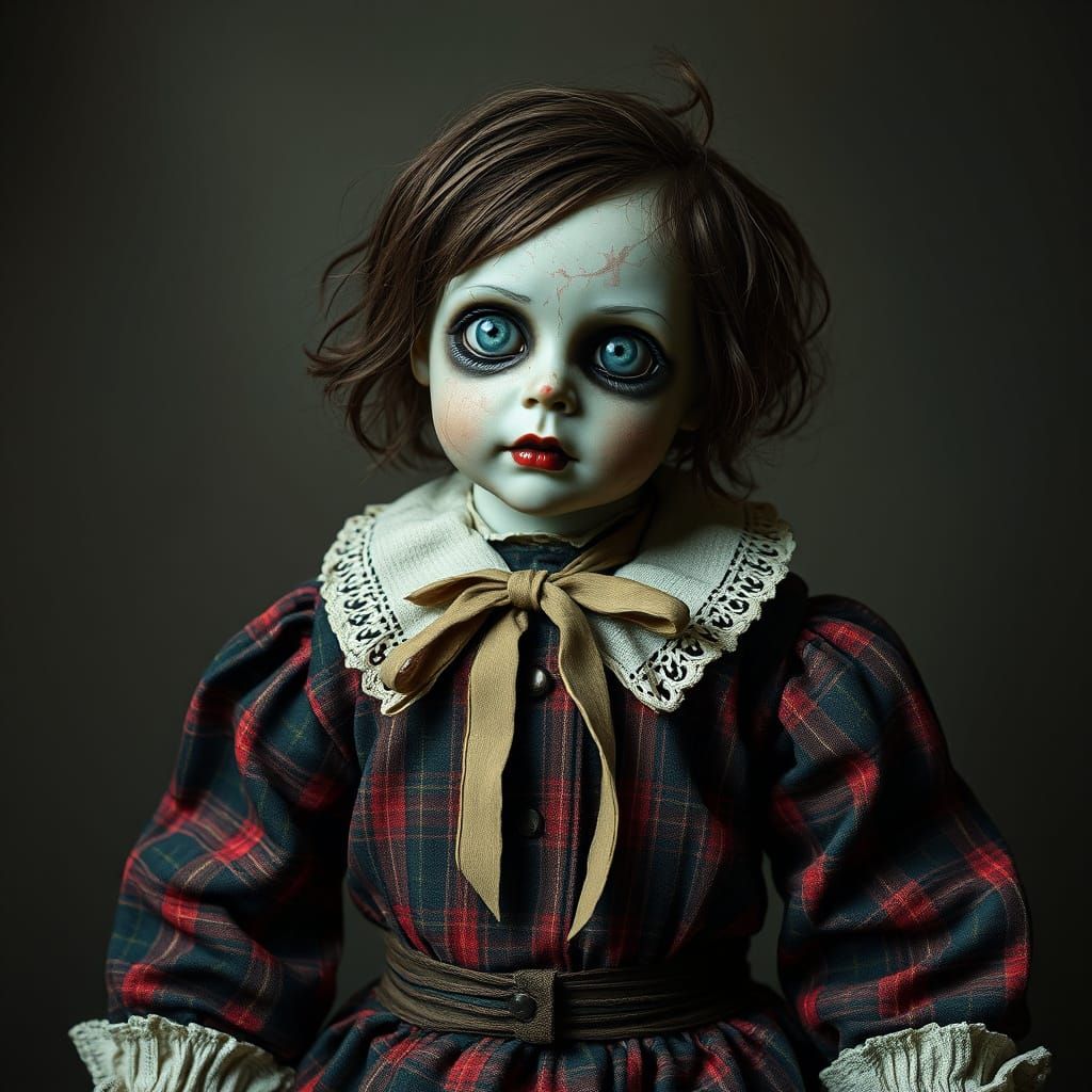 Creepy Doll in Tartan Attire, Eerie Atmosphere