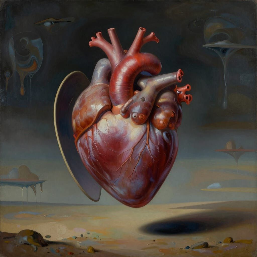 Surreal Heart Shield in Melting Space Landscape