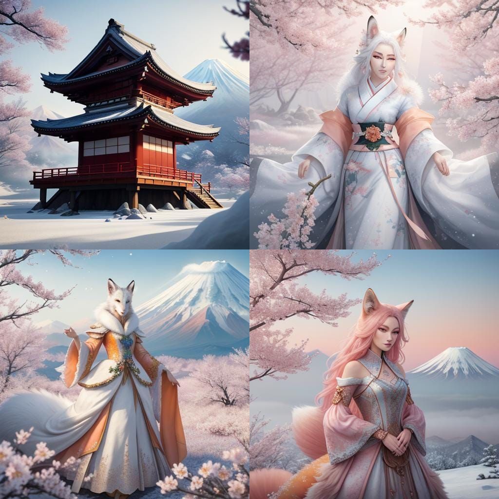 Nine-Tailed Fox Lady with Snowy Mount Fuji
