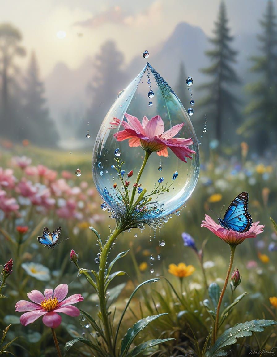 Dewdrop Reflection on Flower Petal with Butterflies