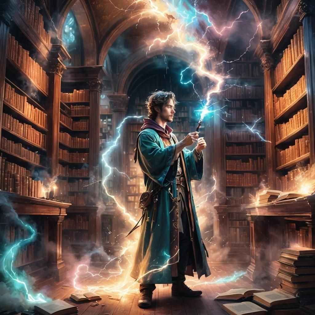 Young Wizard's Lightning Spell in Magical Library