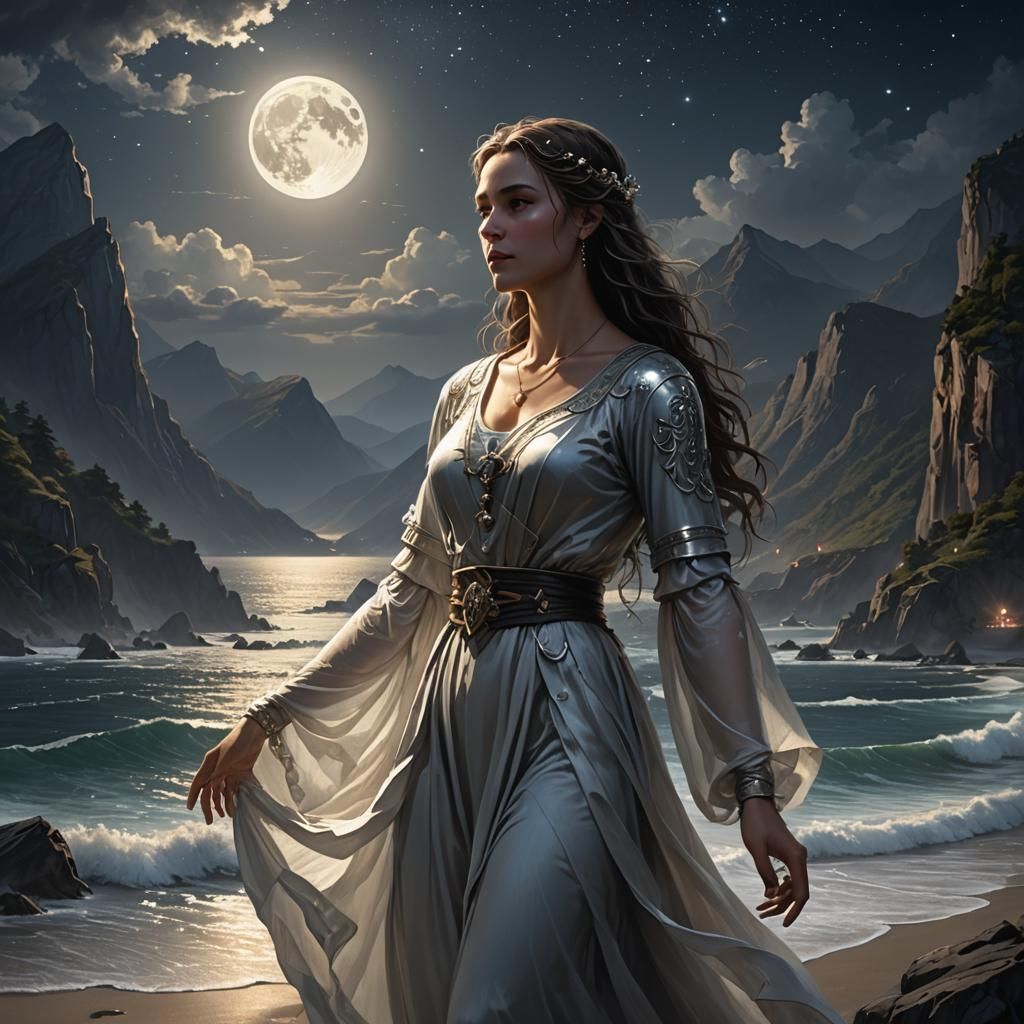 Mountain Bay Shines with Silver Glow, Dark Fantasy Art