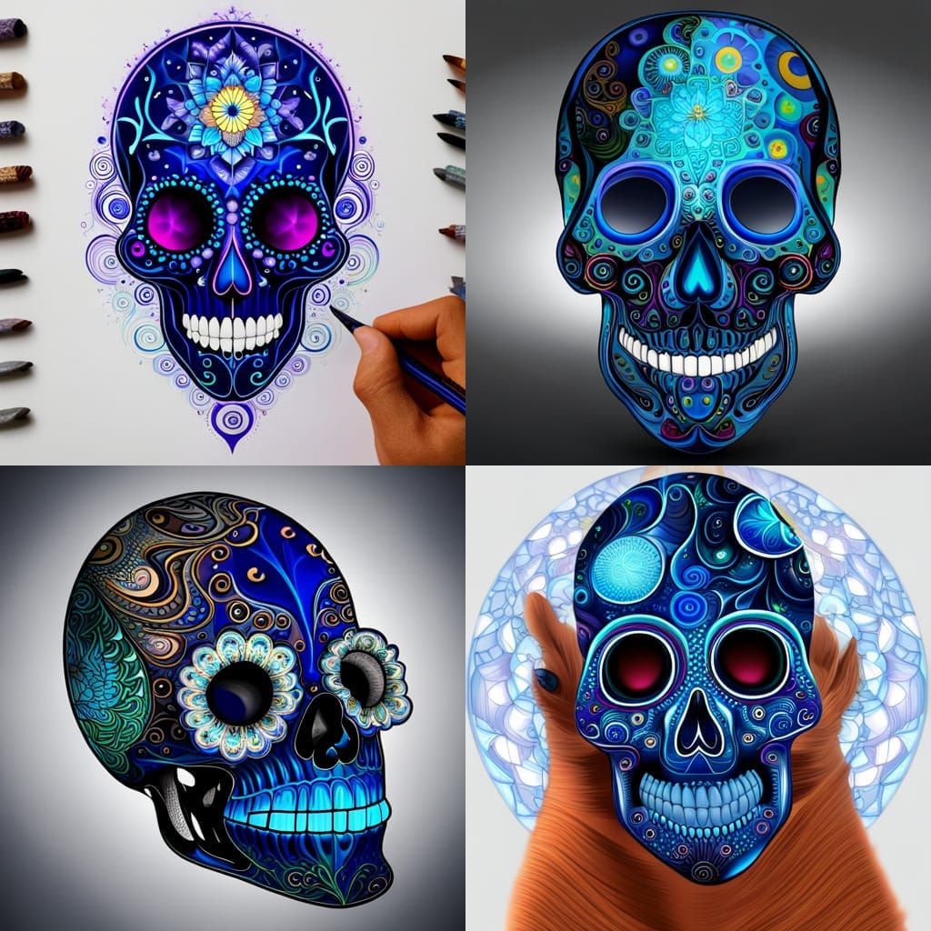Blue Galaxy Inside Glass Skull, Day of the Dead Style